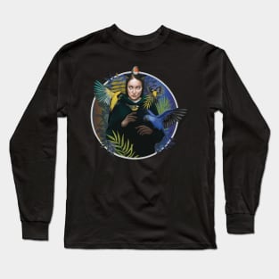 Cat Girl with tropical birds in twilight garden Long Sleeve T-Shirt